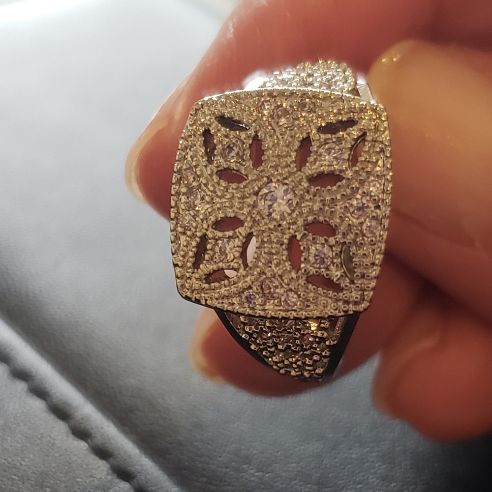 Ring, Vintage Inspired Art Deco Style, Cluster Of Gemstones In Shield Pattern S8 - Picture 3 of 7